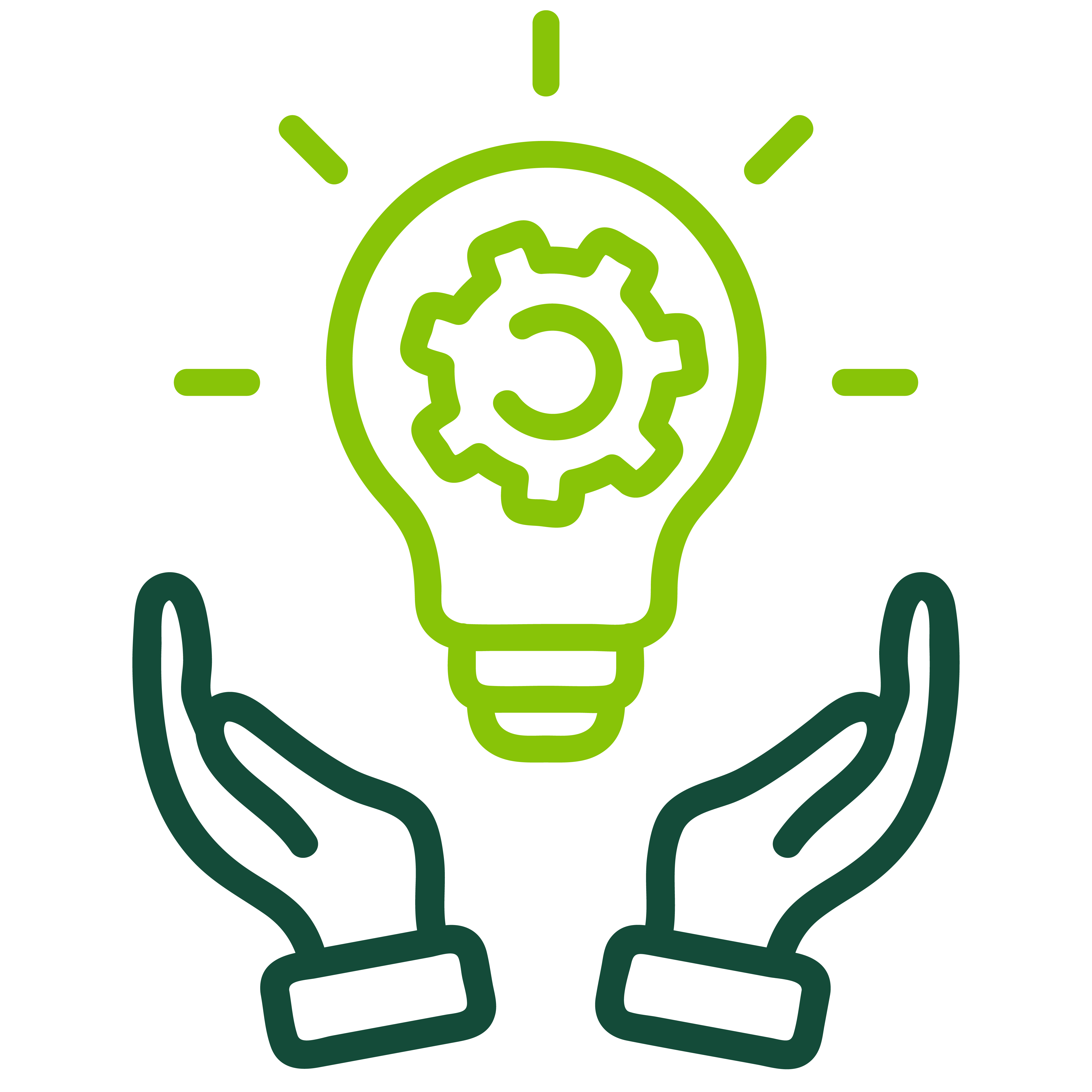 Green icon of hands reaching up towards a lightbulb with gear symbol inside of it